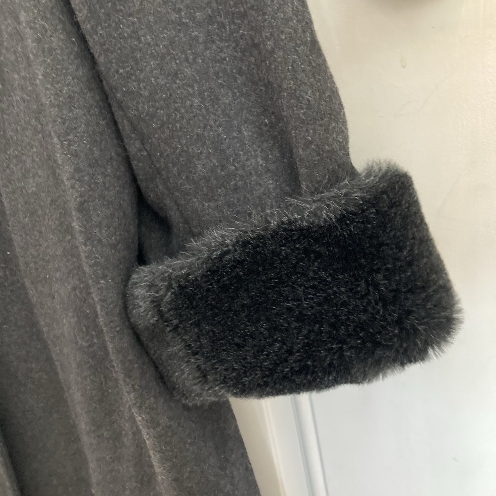 Donnybrook Long Wool Hooded Duster Trench Coat Maxi Gray Faux Fur Trim - Picture 3 of 9